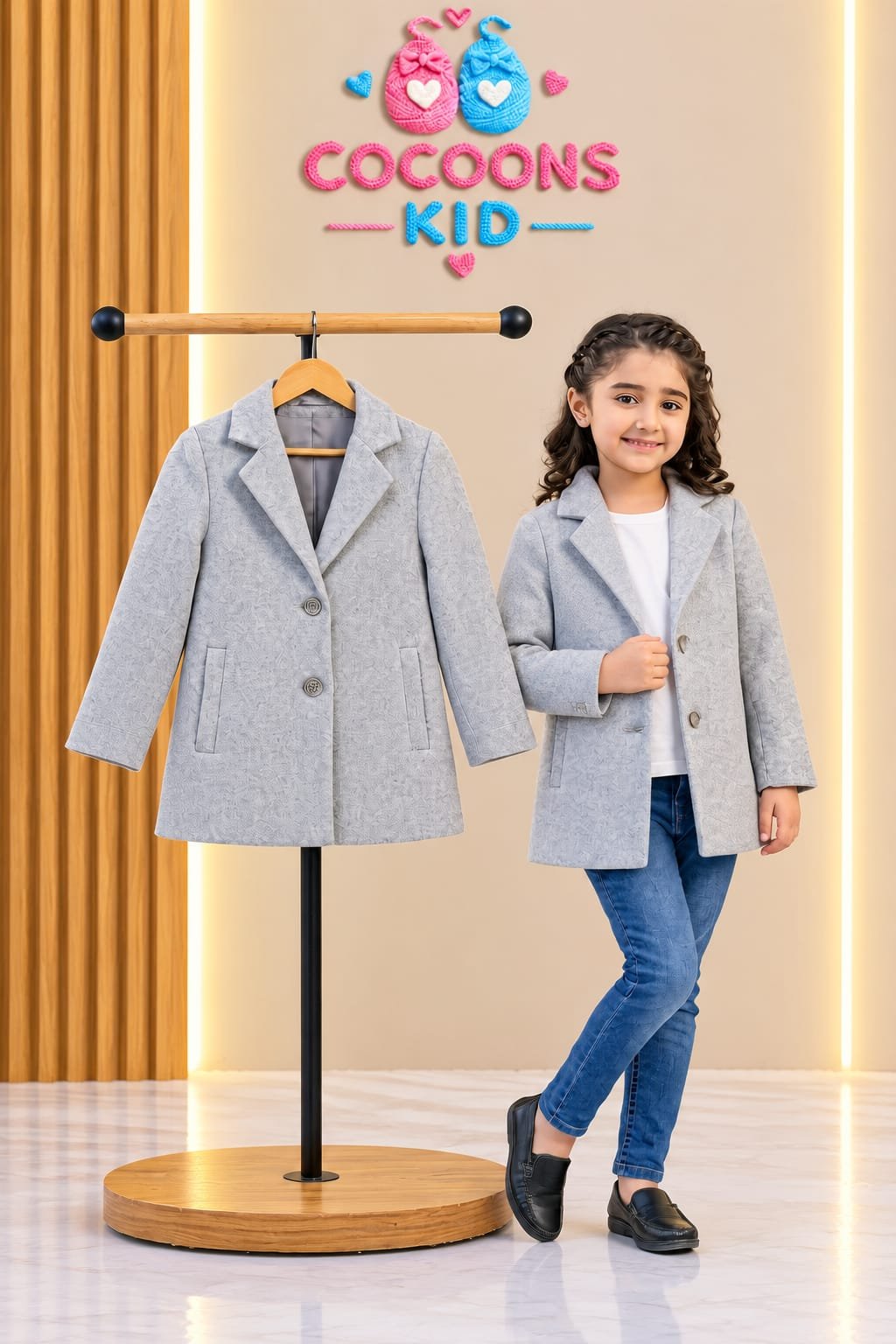 Girls Single-Breasted Light Grey Wool Blazer - Girls | COCOONS KID