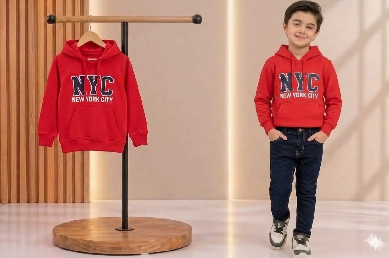 Boys Red Pullover Hoodie with No Hand Feel Print